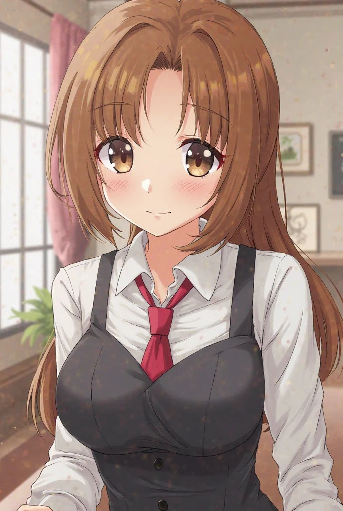 Highest quality　masterpiece　High resolution　Fleet Collection_Johnston　One Girl　Chestnut Hair　Casual attire　delicate　Sit on a chair　Look up here