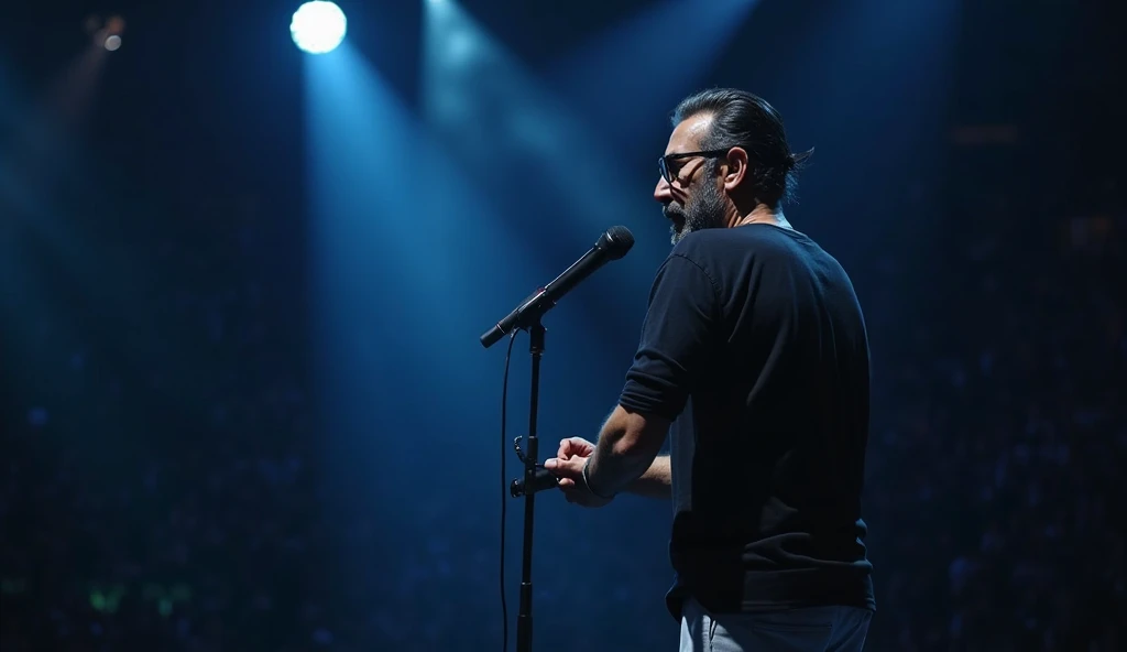 A 30-year-old man of average build, fair skin, round face, short black straight hair, wearing black-framed square glasses, thick nose with freckles, medium ears with small silver rings, slight beard and mustache, wearing a black hoodie, blue jeans, and white sneakers, performing a standup comedy show on a stage with stage lights and an audience laughing