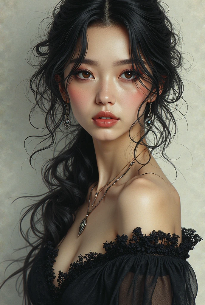 ((One 24-year-old woman)、(Black transparent dress)、((Soft crimson lips)、(Straight black hair - long, flowing hair)、((Stylization; Clear lines、Clear strokes、high qualityの線画、shadow))_((Simple color palette)、(Color fill、Richness of color、saturation、Harmony、balance)、(pastel colour、Solid color)、(Classical - Surrealist))、(Simple and minimal accessories)、(Gold necklaces and thin rings)、(Simple Bracelet、unusual design、Simple silhouette)、(NSFW))_((background)、(Abstract Minimalism)、(Stunning Abstract Flowers - Cubism)、(Yuri、Very unusual、Long Stem - Large Stem))_ ((masterpiece、最high quality)、(Clear frame、Soft Shadows、Contrasting Light)、(Warm color range、Golden light、冷たい側面照明とのContrasting Light、Representation of volume and shape))_ ((Stylizationされたデジタル絵画)、(Soft and clear shape、Wide strokes、Attention to detail)、(Clear, elegant lines、Color fill))_((high quality、4K | Ultra HD | Full HD、Cinematic Rendering))。