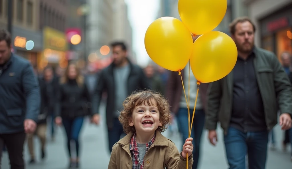 Boy with balloons on yellow background, little boy, confetti-like polka dot style, scattered composition, melancholic self-portrait, installation-based, bright colors, matte photo, strange juxtaposition, (medium shot)