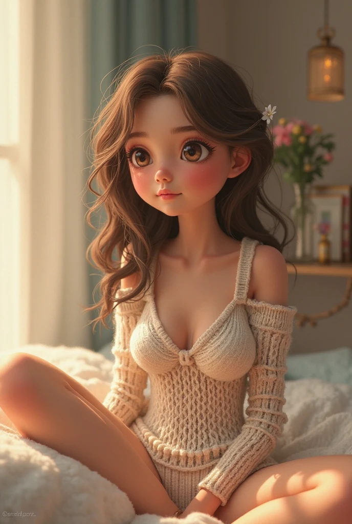 Skinny girl, thin, slim, pink bedroom, single bed, wardrobe, drawers, lamp, late evening, window, looking at camera, blue eyes, small, cute, sweet, nighttime, night, moonlight, realistic, nighttime, sat on edge of bed, smiling, smile, evil, naughty, seductive, brunette, camera looking down, looking up at camera, pale skin, very pale, 18, naked, nude, smiling, smile, mouth closed, cheek dimples, European, ponytail, big smile