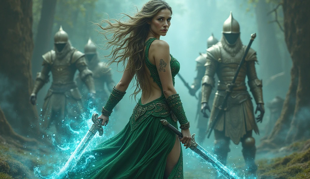Mulher elfa, roupas verdes, with bow and arrow in hand, full body standing on a forest, Riacho, Fundo da floresta muito iluminado com muitas flores e folhas, com folhas de cerejeiras caindo, Minimalista, inacabado, arte conceitual, por Brian Froud e Carne Griffiths e Wadim Kashin e John William Waterhouse, detalhes intrincados, 8k post production, high resolution, hiperdetalhado, trending on ArtStation, foco nítido, Studio photo, detalhes intrincados, altamente detalhado, Directed by: Greg Rutkowski