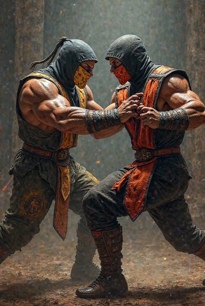 Mortal Kombat Scorpion Fighting Sub Zero In Underwear. realistic.