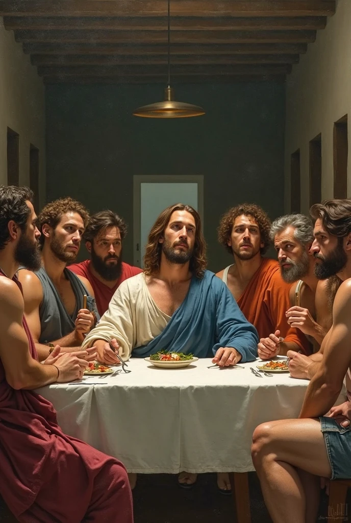 the last supper painting but with naked muscular men instead of disciples