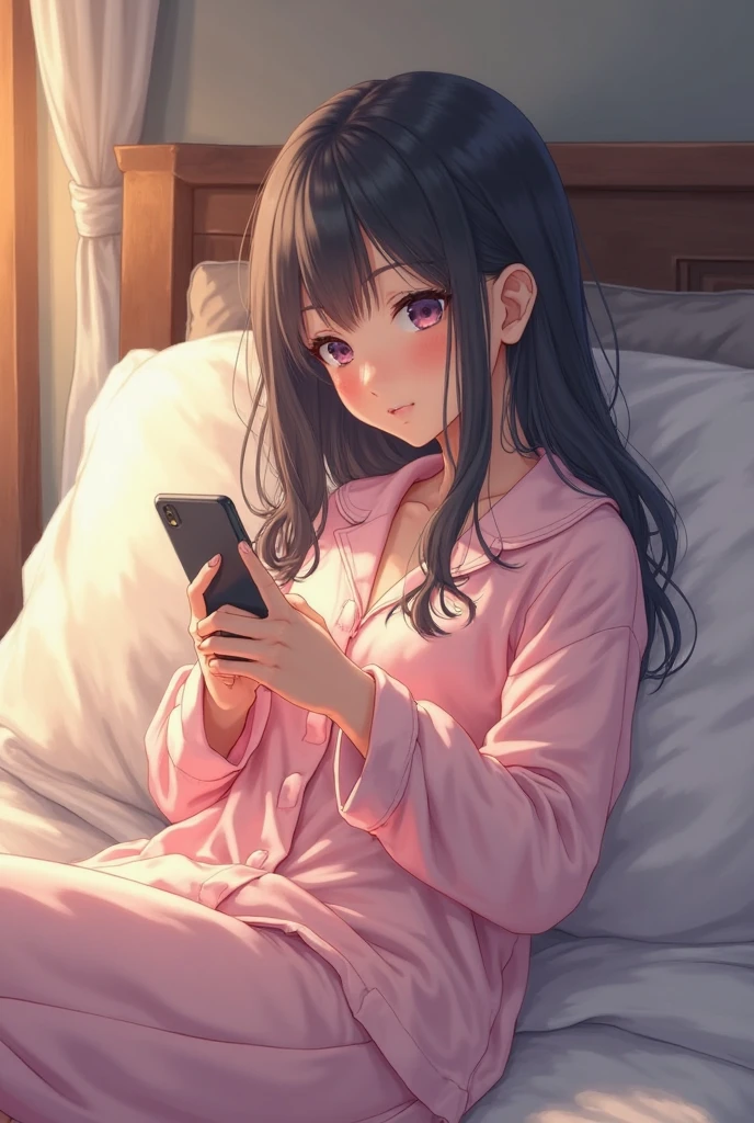 I'm looking at my phone、high resolution、Highest quality、pretty girl、Cute room、Lying on the bed、I'm reading manga on my phone、Fluffy and soft loungewear、pajamas、Jurapique、Prone、Holding your phone in your hand、Black Hair、