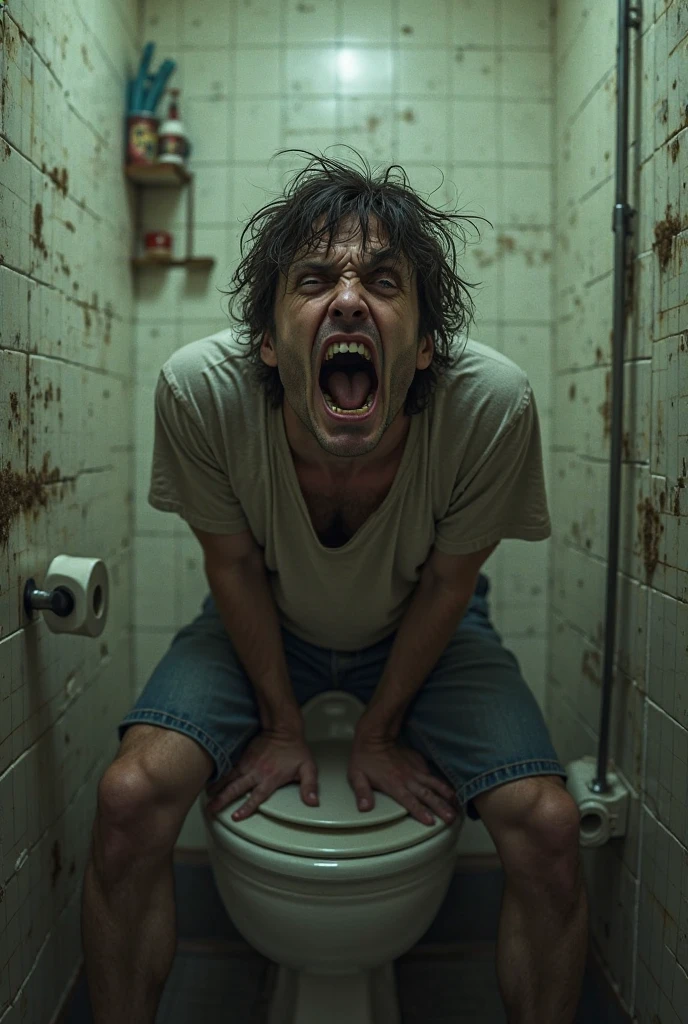 Man having diarrhea in the bathroom, the bathroom is full of shit, and the man has a scared face