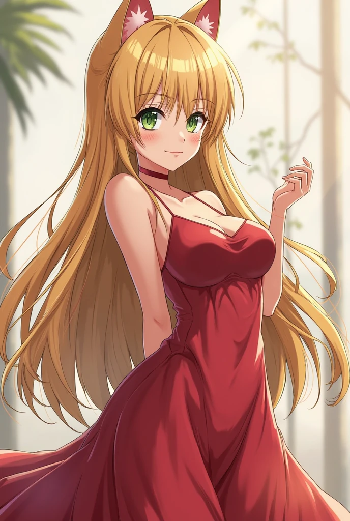 (leaning over:1.4), (masterpiece:1.2, best quality), (real picture, intricate details), 1girl, solo, absurdres, cowboy shot, standing, outdoors, :3, smile, bear girl, bear ears, ((light pink dress)), frills, very detailed dress, white thighhighs, platinum blonde hair, gray blue eyes, long hair, ((red strawberry choker)), smile, open mouth, one fang, large breasts, cleavage, sleeveless dress, arms behind back,