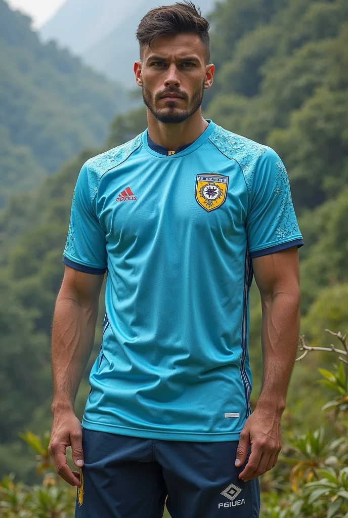 Free fire style character,Uruguay national team shirt, Blue pants, gray hair with cap back
