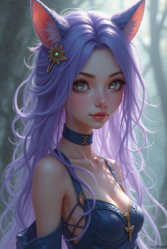 She is around eighteen or nineteen years old. She has long purple braided hair. She has a small mole under her right eye at the end of her eyebrow. She is wearing a purple dress. She has a medium-sized chest, a thin waist, and her butt is also medium-sized. 
