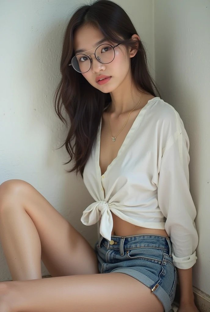 a cute Chinese girl wearing ripped blue jeans with a belt, wearing glasses, beautiful detailed eyes, beautiful detailed lips, extremely detailed face and skin