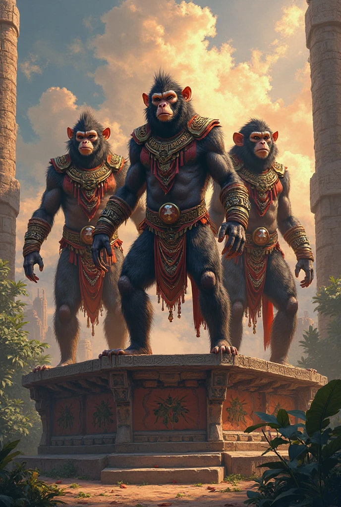 1 purple female ape and 1 purple ape, With giant and high-caliber weapons, with gangster SUIT with chains, tattooed, with huge diamond and gold rings, smoking with a pipe, at an Indian fair
