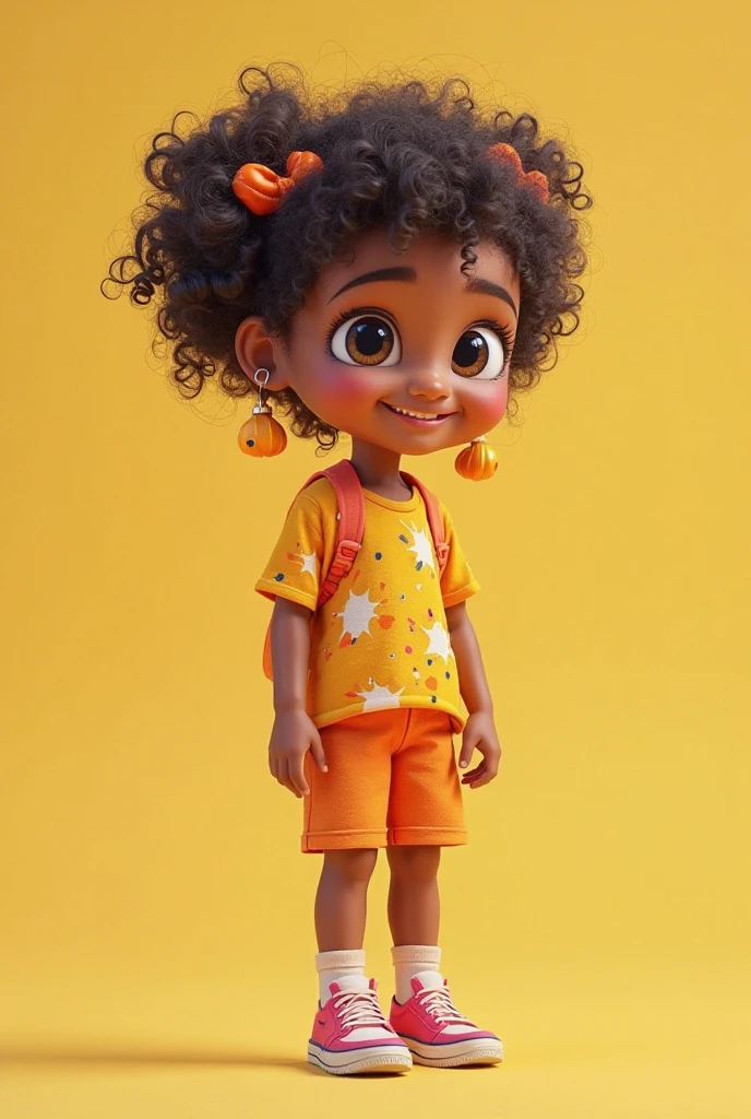 Child - **Skin color**: Light brunette - **body hair**: curly and voluminous, dark brown - **badass clothing**: Yellow t-shirt with a sunflower print and distressed jeans. Wears colorful sneakers and a beaded bracelet.