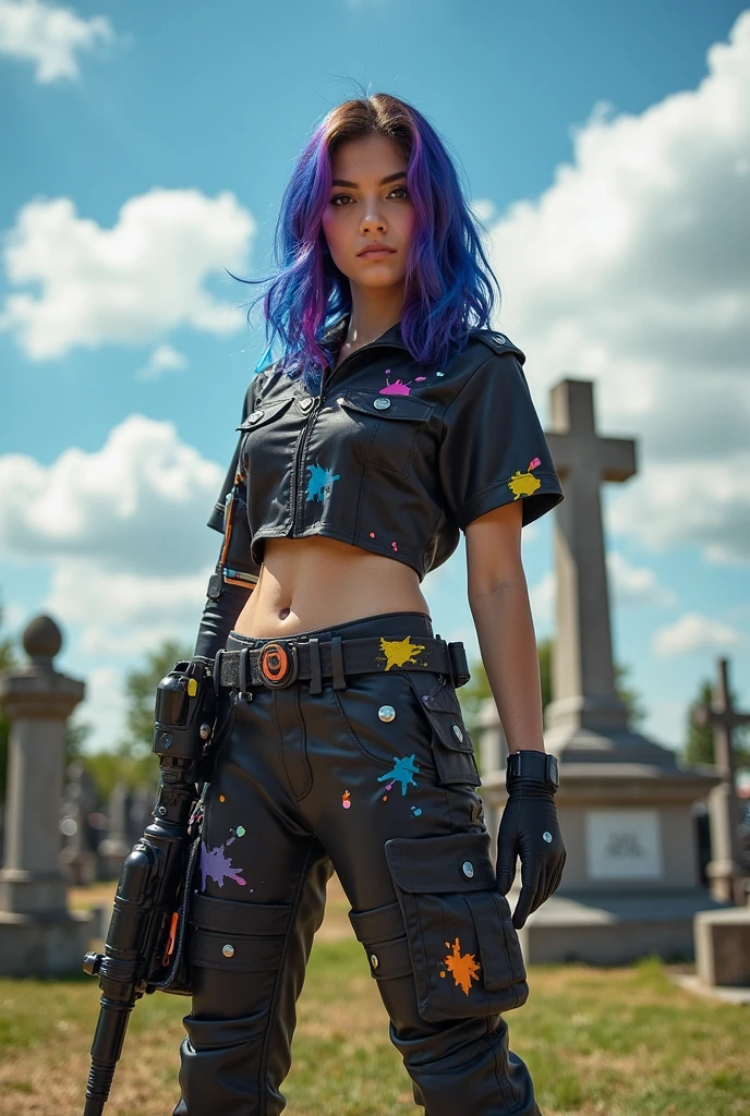 gracedecker , blue lips, makeup, hair covering eye, studded choker, cyberpunk jacket, straps across chest, graphic tee, frilled skirt, torn fishnet pantyhose, highly detailed, <lora:SaintsRowGraceDeckerV0-4b-000013:0.7> <lora:more_details:0.3>, alleyway, 8k, best quality, soft lighting