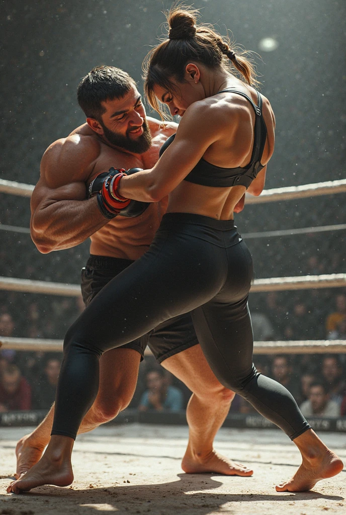 NSFW,(8k, Realistic, RAW Photos,close shot,Highest quality: 1.4),A professional wrestling match between a giant male wrestler and a female wrestler,The female wrestler is 22 years old.Slim and busty Japanese,Beautiful short hair,The shiny white and blue costume accentuates her curves.
The male wrestler grabs her both legs with both hands, respectively, and throws her on her back onto the mat.Furthermore, she spreads both of her legs wide to the left and right,Her hip felt like it was going to split,
Unable to bear the intense pain in her hip joint, she closes her eyes and screams loudly.She is reaching out with both hands, pleading for help,The costume reveals the shape of her nipples,The male wrestler is further stepping on her hip joints,