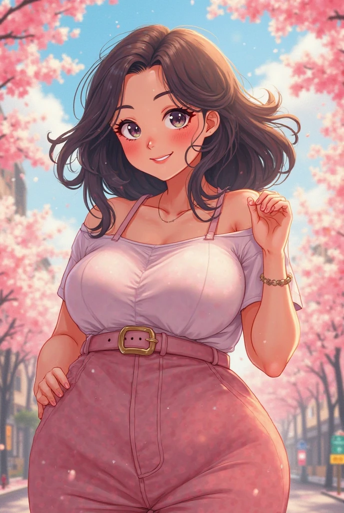 slim latina, medium burgundy hair, wavy hair, forehead ((sidelocks)), puffy cheeks, plump waist, brown eyes ((long eyelashes, thick eyelashes)), pink t shirt, long sleeves, burgundy pencil skirt, belted skirt, huge breasts ((gigantic breasts:1.1)), thick thighs, (red lips) smile, blushing, (outdoors, cowboy shot), sakura blossom scenery, looking at viewer ((pov front view))