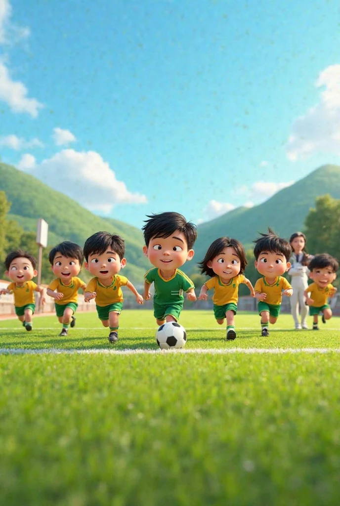 Happy children and young people in football sports uniforms from many countries on a sports field of a rural school