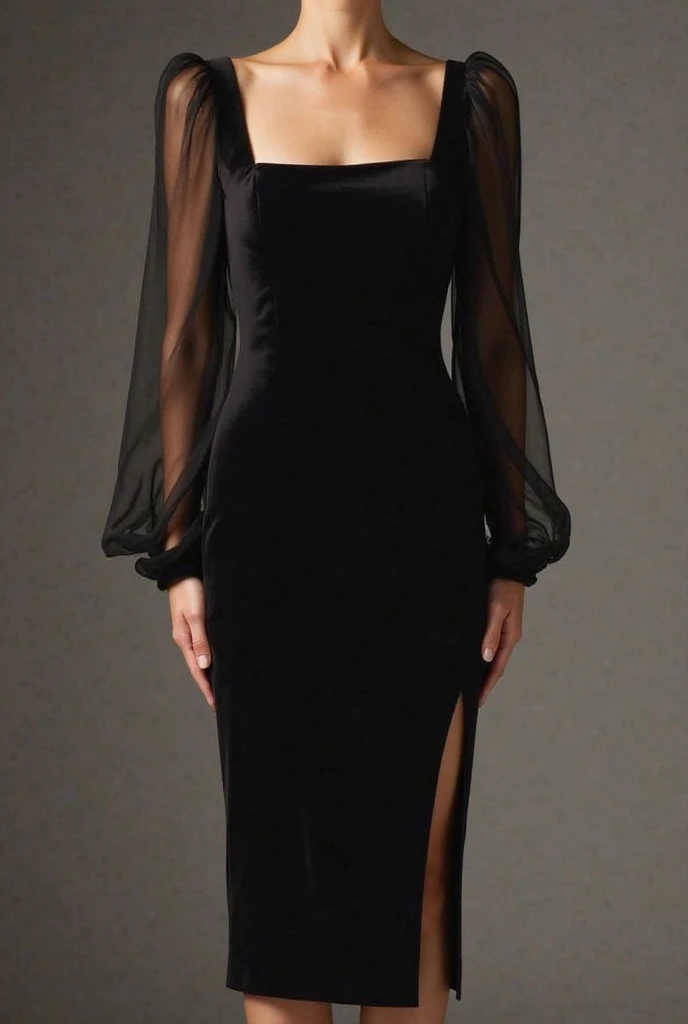 A black dress with v neck full sleeves and a slit with proper accessories and hairstyle and a cluth 