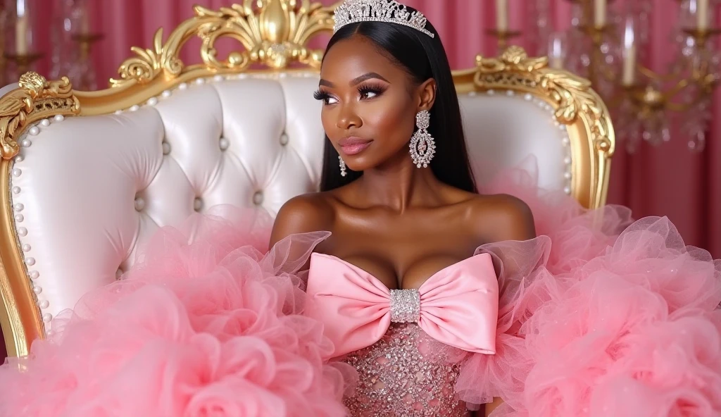 (Best Quality), (Masterpiece), (detailed), Beautiful black woman, 15 years, happy, celebrating, pink balloons, and silver, thin small crown, in the head, Champaña moet, pink skirt and short pink blouse, big breasts, big legs, with accessories in hand made of silver material, 4k, smiling stare at the camera.