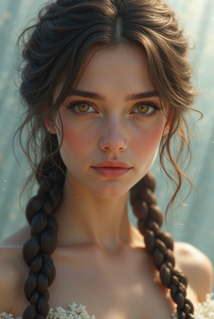 a beautiful girl with sharp eyes, freckles, and a smirk, with braided brown hair, holding blood, (best quality,4k,8k,highres,masterpiece:1.2),ultra-detailed,(realistic,photorealistic,photo-realistic:1.37),expressive eyes,perfect face