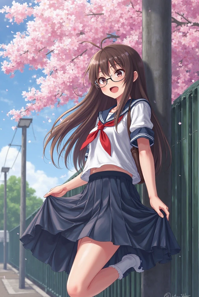 Hairy show through clothes and garter belts of female anime characters, 1girl in, Underwear, Panties, Red-framed eyewear, Ass, Solo, Glasses, School uniform, Skirt, serafuku, Looking back, Brown hair, Brown eyes, Open mouth, Long hair, Looking at Viewer, Blue skirt