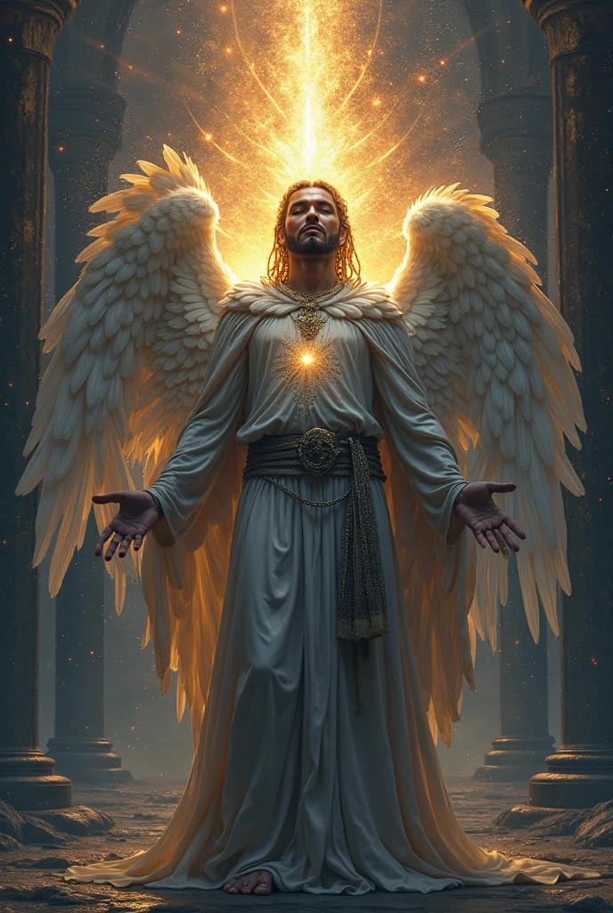 jesus with energy field around silver body, violet aura red and blue aura silver on the chest fire aspect in the eyes silver face and clothes of lucifer