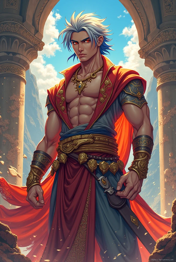 Aladdin, 20 years, cabello corto negro dorado oscuro, cabello corto desordenado, ojos marrones oscuro, ropa de djinn, chaleco abierto sin mangas plata claro, light silver vest with blue Arabic print, light red arabic pants, Golden Belt, pulsera djinn con gemas plateadas , botas marrones, tatuajes morados fosforescentes, rodeado de fuego y humo morado, muscular build of the delegate, manos atadas con cadenas y pies rodeados de cadenas blancas, purple magic circles in each hand on a background of arabic ruins.