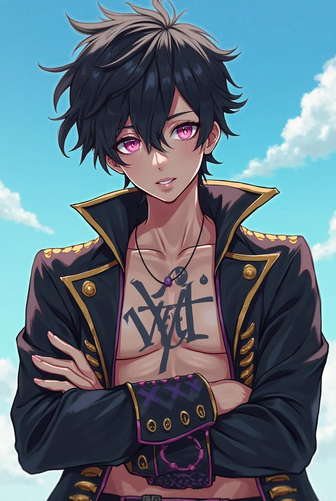 masterpiece, best quality, high quality, anime style, 1boy, boy, solo, male focus, cute face, adorable, looking at viewer, upper body, yuno, (shirtless, topless, bare chest), black hair, yellow eyes, hair between eyes, (armpit, show his armpit,)