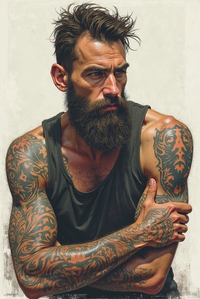 A very hairy man in his 20’s with many piercings and tattoos. He is wearing only underwear and has a huge erection