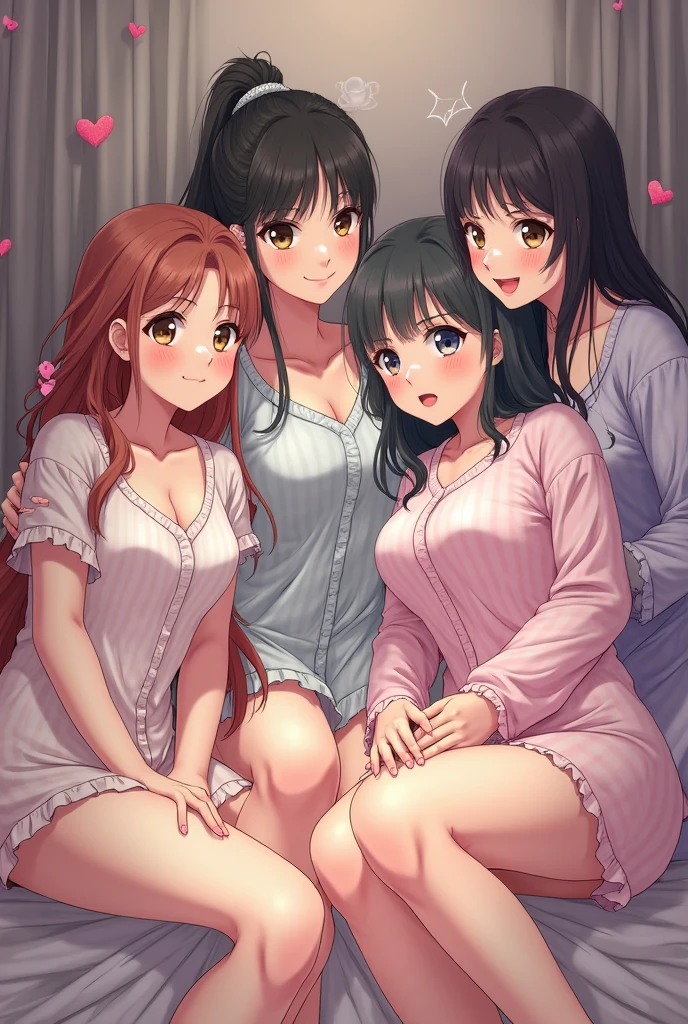 ((masterpiece,best quality)), girls sleepover, 5 young elegant beautiful girls in lace underwear, girls night party, cozy bedroom interior, soft lighting, plaid blankets, pillows, stuffed animals, warm colors, relaxed atmosphere, natural expressions, detailed faces and eyes, long eyelashes, photorealistic