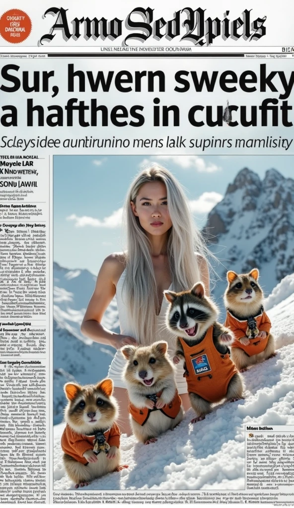  A contemporary, cleanly designed newspaper article featuring a large headline written in un-terrestrial script and concise subheadings.
The article is accompanied by a photo of a beautiful woman, a raccoon and seven hamsters who have been appointed advisors to NASA and who have successfully climbed a snow-covered mountain.
Beauty has long silver hair.
Beauty is wearing a sexy white dress.
The raccoon is wearing a mark that identifies it as belonging to NASA.
The seven hamsters are wearing climbing gear.
All of them are in full body shot.
They are all looking at the viewer.
The text employs a neutral color palette for optimal readability.
The overall effect is a professional and informative news story that conveys the gravity of the latest news story while adhering to journalistic standards.