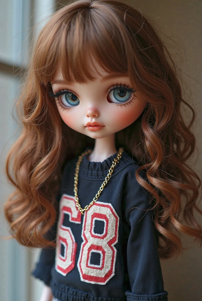 blythe doll con cabello curly, without fringe and with red tones, brown eyes with urban style clothes