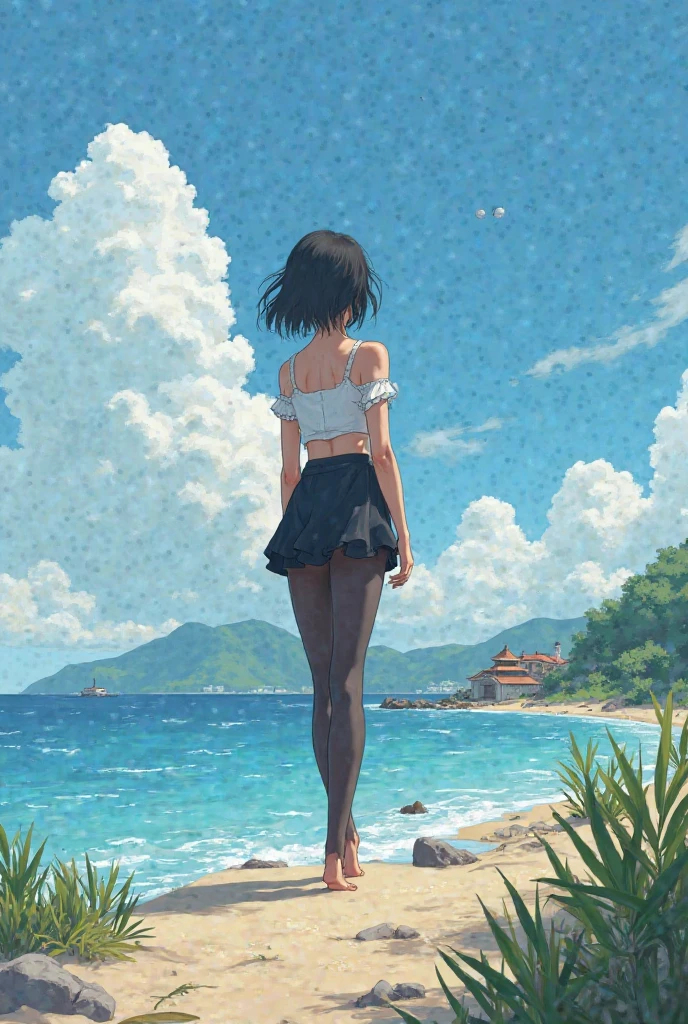 bare shoulders, bare arms, ((topless)), skirts, behind the sea, (small breasts), 1girl, closed mouth, (bare back), (expressionless), short hair, (shadow), lighting, black hair, armpits, wave, beach, (standing), (detailed), cinematic lighting, (textured skin), ((8k)), ((very clear)), ((masterpiece)), [slim], shore, vacation