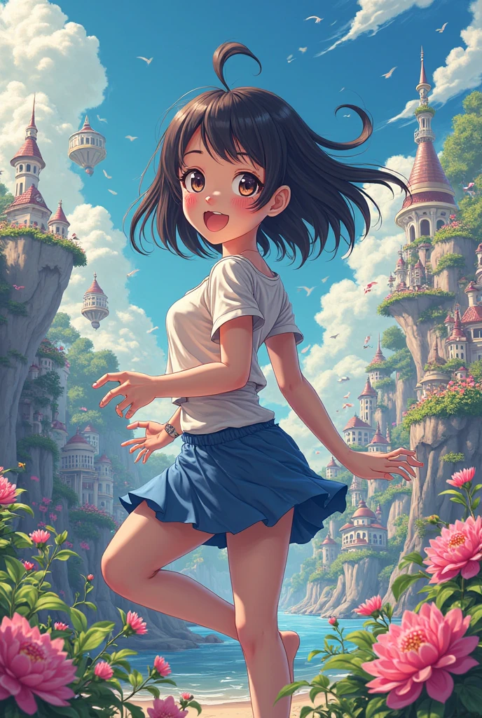Highest quality、High resolution、Detailed Background、(Beautiful face in every detail:1.4)、Anatomically correct、(Detailed facial expressions)、(fine grain:1.2)、Teenage Beauty、Cute hair color、Braided Ponytail、Braided bob cut、Braided twin tails、Lower grade primary school students, (Pastel sleeveless swimsuit:1.5)、Long skirt、Perfect body line、((Jump off a cliff with both hands raised:1.5))、The skirt flutters、Just before landing、Full body shot from the front、Close-up of the mouth、(Sweaty:1.5)