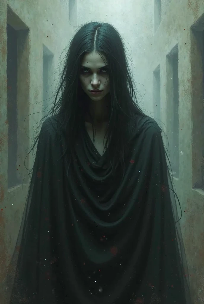 Generate an image of a close up a creature with a spectral and ghostly appearance. Her skin is pale, almost translucent. His eyes shine with a bluish glow, and he wears dark, torn clothes that float around him, as if permeated by an aura of mourning. Its appearance is complemented by details such as chains, symbols of mourning, and gothic elements, further emphasizing its dark air. It is portrayed as a haunted and tormented entity.