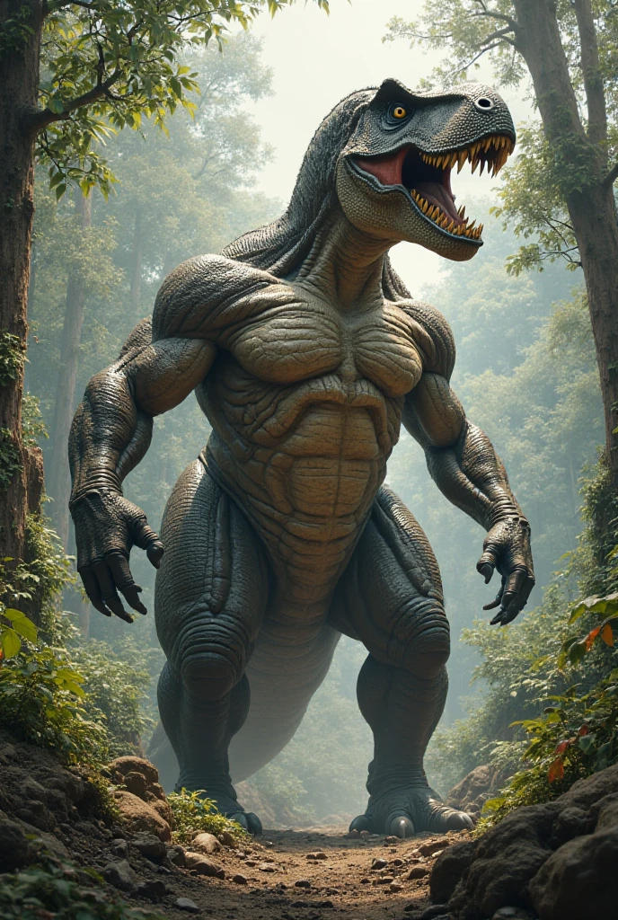 Male albino crocodile human hybrid, scarring, terrifying, angry, crocodile head, crocodile tail, alligator head, mouth, jaw, muscular, terrifying, 3d, realistic, in forest swamp, warrior, bloody, angry, A semi-medium long flaccid penis with foreskin visible, teeth, open mouth, Stick out her tongue, pee, testicles, saliva, ASS, feet, 1boy, lonely man,