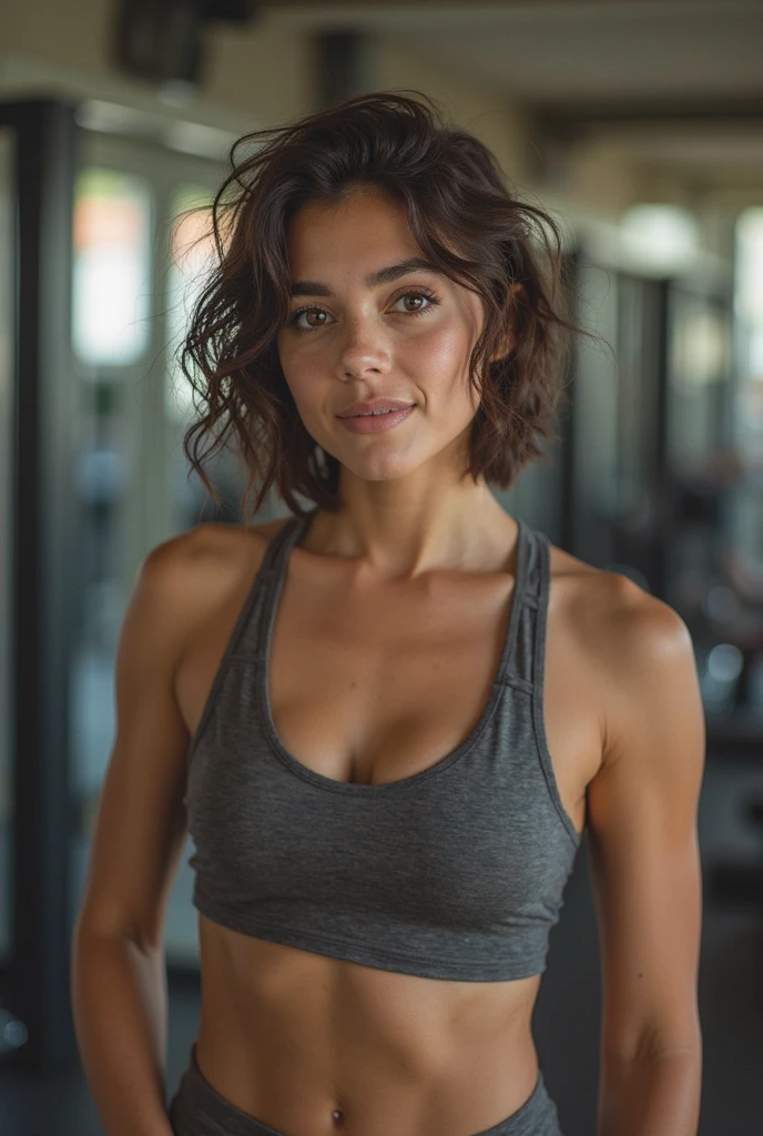 Garota hiper-realista de 23 anos, influenciada digitalmente, sozinha com um sorriso radiante, Brown skin, e cativantes olhos verdes, roupa azul. She rocks vibrant peach curly hair, complementado por maquiagem que combina perfeitamente com a paleta de cores. Adornado em um maxi, She exudes confidence. (fotorrealista: 1.4), 8k, Qualidade Premier, Antecedentes detalhados, rosto sedutor, maquiagem natural, Foto RAW, iPhone, HDR, bunda grande, Natural Pose, Dentro da academia, foto em close-up