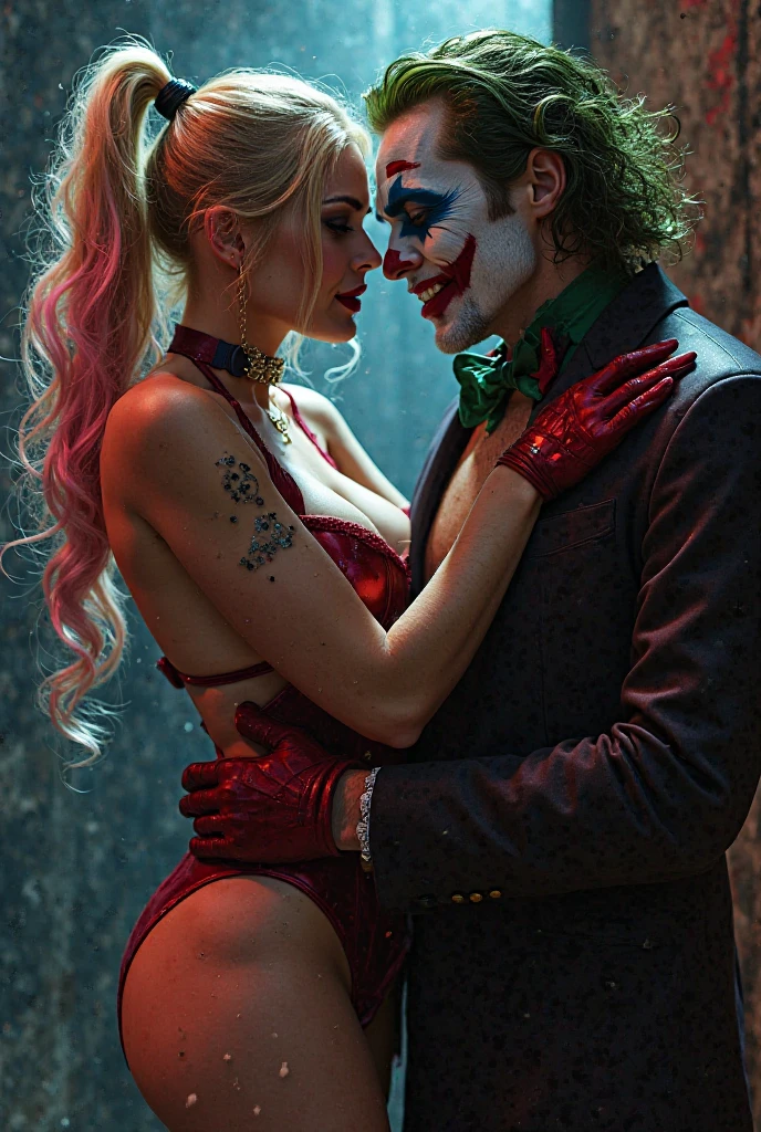 Cinematic image of a character that looks like Harley Quinn from the movie Suicide Squad. She has her hair in a ponytail divided into two parts, one side pink and the other blue. She has very fair skin. A heart sticker on her face. Pink and blue eyeshadow. She is wearing black lipstick. She is wearing black lingerie with red Burlesque style high heels. She is sitting on the Joker's lap.