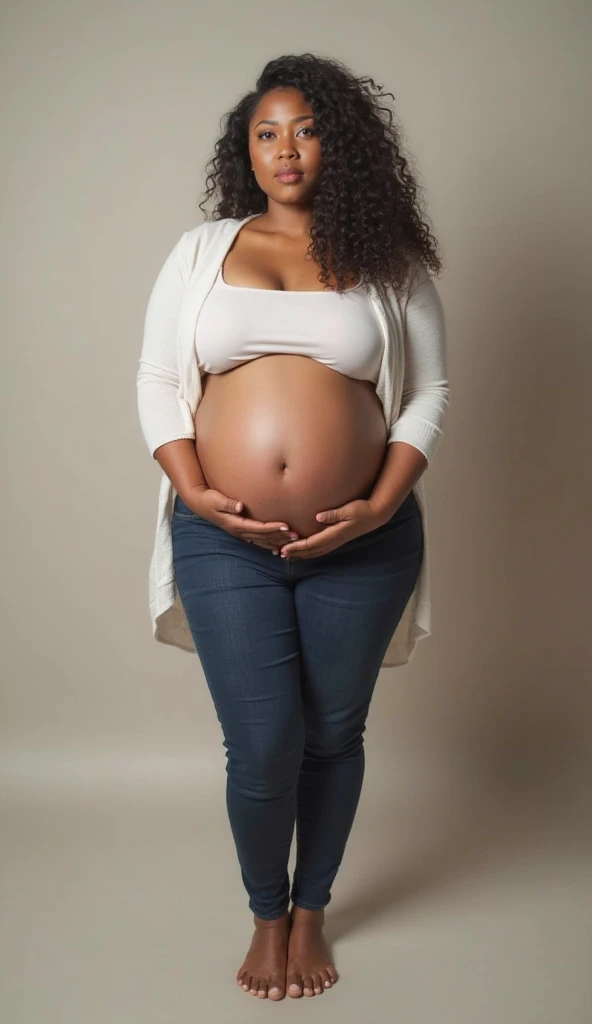 pregnant woman, Brazilian, afro, afro hair, happy and with your hand on your belly, wearing a white blouse, jeans, on the couch talking to a psychologist