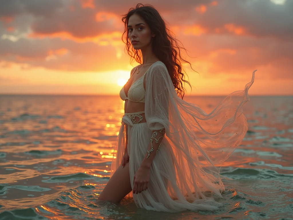 A young woman, barefoot and carefree, dances with the gentle waves lapping at her ankles as the soft sunset paints the sky in pastel shades of lavender, peach, and gold. A gentle smile graces her lips as she surrenders to the rhythm of the ocean. Tiny seashells sparkle like scattered jewels under her feet, and seabirds soar overhead, their wings silhouetted against the fiery sky as they sing their evening songPalm trees sway gently in the evening breeze, casting long shadows on the pristine white sand as the sun descends towards the horizon, painting the turquoise waters in shimmering shades of gold and crimson.Capture the reflection of the sunset in the wet sand or on the surface of the waves.
