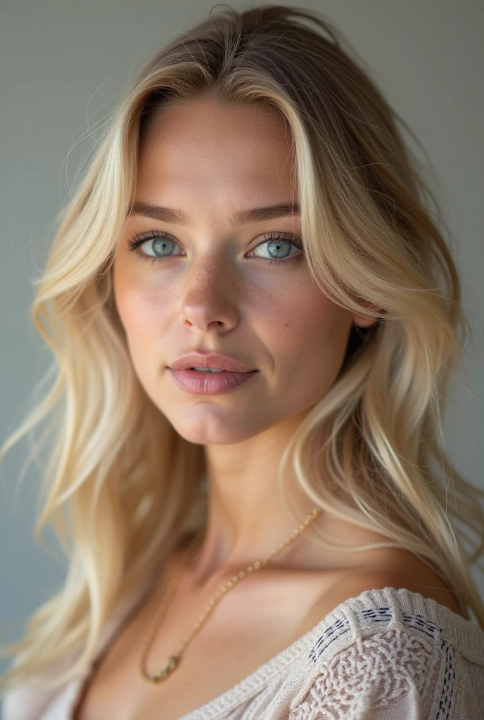 make a blonde woman, with European features, like you're taking a selfie