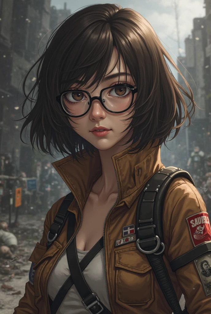 Wide angle, a pretty girl messenger, wearing large glasses, undercut hair, wearing postal uniform, in a post-apocalyptic world