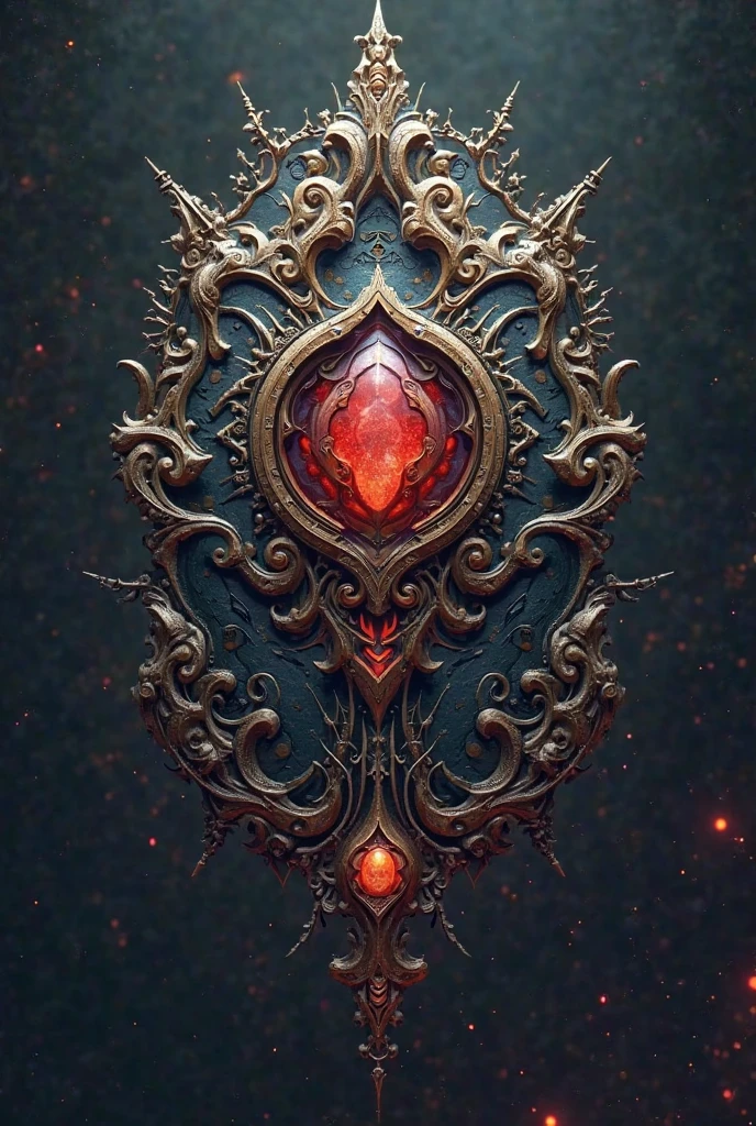 an illustration of a dark red necklace in which there is also a black ring with silver accents for witchcraft, has a fantasy style. worn parchments in the background