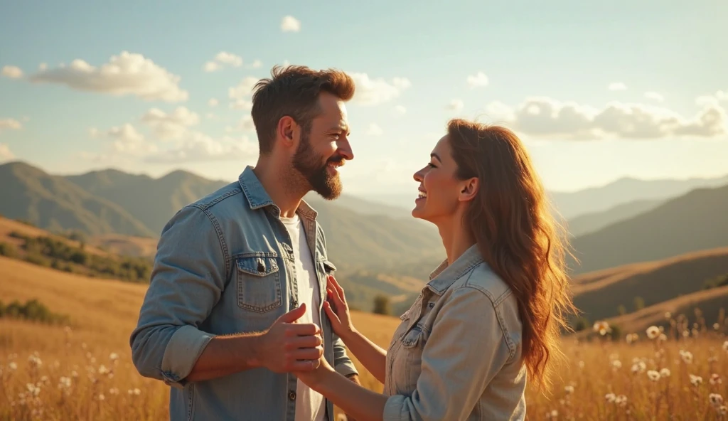 A couple stands on the edge of a cliff, their hands tightly clasped as they face their fears together. The wind whips through their hair and the sun sets behind them, casting a warm glow on their determined faces.