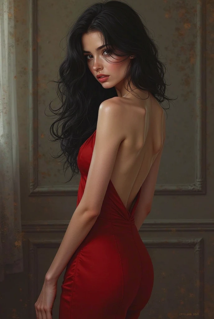 Digital illustration of the silhouette of an Italian model wearing an elegant tight red dress. The image is highly stylized and focuses on dramatic lighting and shadows., to such a degree that only the stylized silhouette of the model is observed, on a black background, very black and intense, which contrasts starkly with the vibrant red of her dress. and her hair. The overall composition emphasizes elegance and sophistication, with a minimalist but striking and unique color palette.