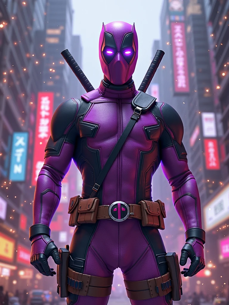 Deadpool purple suit in a radio studio