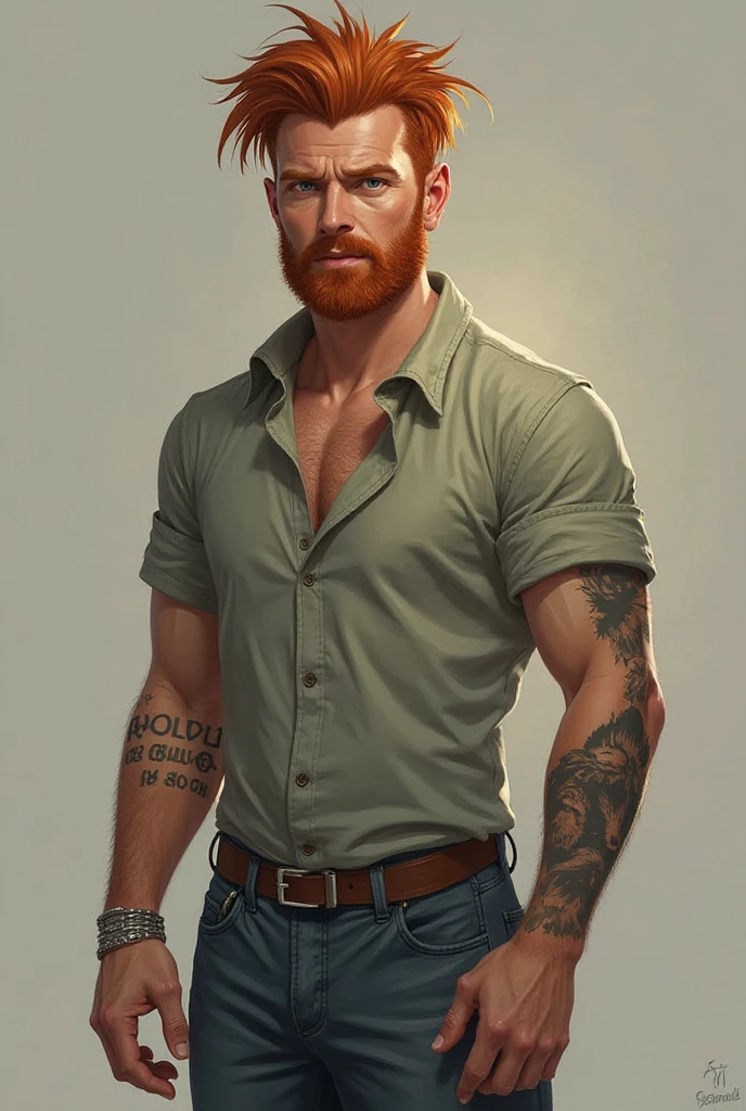 (1 ginger ((smiling)) crouching down checking the truck's engine at a mechanic's shop in town ) XIX (Romanticism and Realism) . Action: smiling Expression: gentle, happy, a gesture of wellcoming. Physical Characteristics: Young, Slender and muscular body, radiant face beautiful male. shirtless, barefoot , wearing jeans, barefoot, by Aaron Horkey and Jeremy Mann, masterpiece, best quality, Photorealistic, ultra-high resolution, photographic light, illustration by MSchiffer, fairytale, Hyper detailed A mixture of photography and painting, simetryc Composition, Perfect Divine Proportione, 8k resolution fullbody image,(( view from above)) full body, oil painting intense dark hard colors palette A young man, white skin, ginger, barbed, hairy body, thin face, straight nose, thin lips, square chin, large light blue eyes, short red wavy hair, in roberto ferri style, aesthetic slim athletic body, ginger realistic skin, gorgeous, detailed tonned muscles, barefoot, perfect anatomy, muscled fitness body, Young man, perfect anatomy, , energetic splendid, Barefoot, naked, small flacid penis, slim and detailed muscles, shirtless, pantless, fullbody, wearing sandals, the composition of shadows and lights give an atmosphere of spaciousness,
