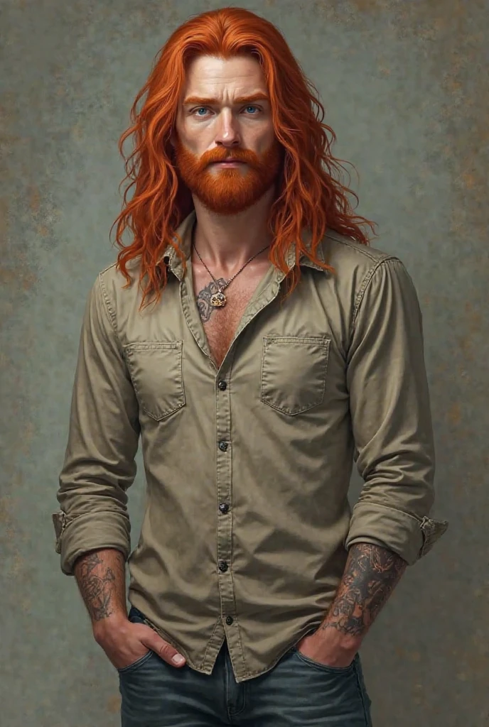 work of art, best qualityer, ultra detali, muscular, bearded, Intimidating presence, figura masculina,[imposing shadows],Gritty Realism, Red hair, ginger hair and beard, shiny colors, different beard style,  (((dark gray jeans)))  (((lie down))) lying  (((back side)))