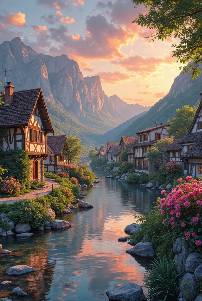 A small riverside village, mountains in the background, colorful ...