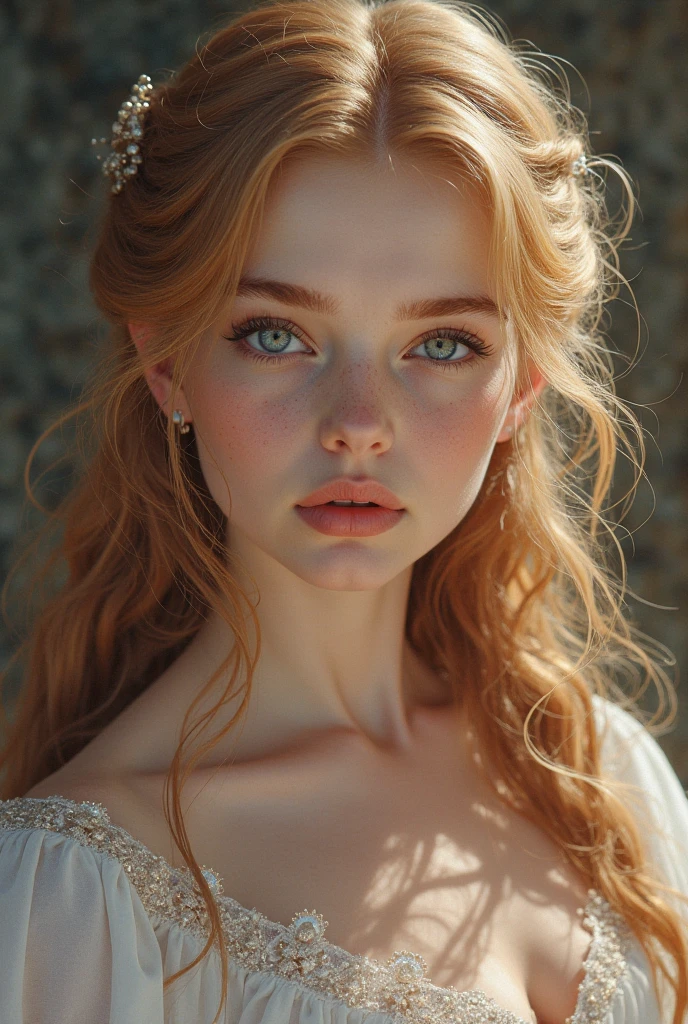 I want you to show me a Lady Di with a tiara, small nose, ginger hair, 19 years old and BLUE EYES (close up, but with long hair)