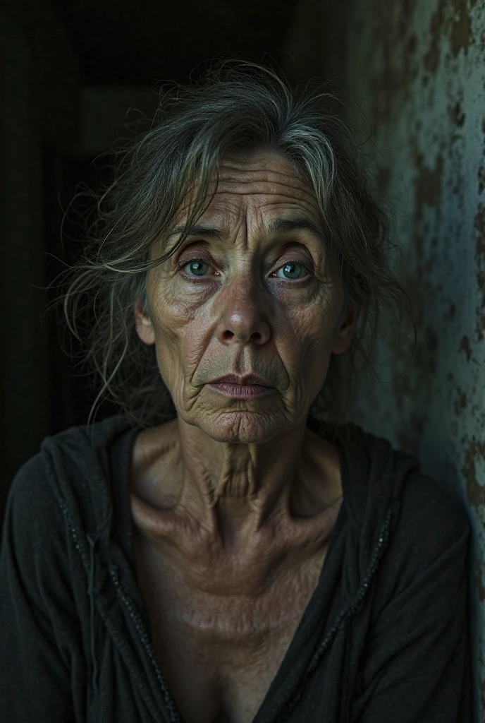 A chilling photorealistic image capturing the essence of silent horror. In the foreground, a sinister and grotesque old woman model straight out of a horror movie on a haunted and horrible catwalk